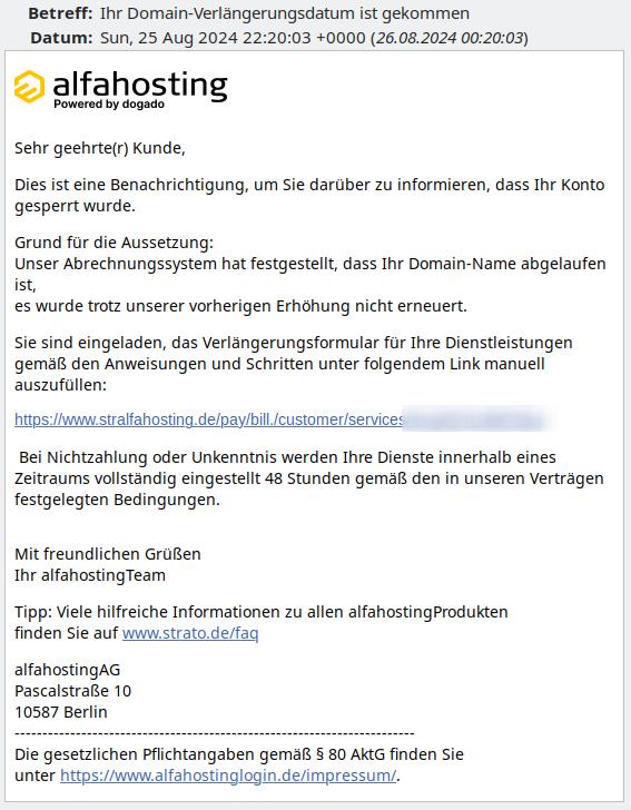 Fake als Alfahosting-Mail