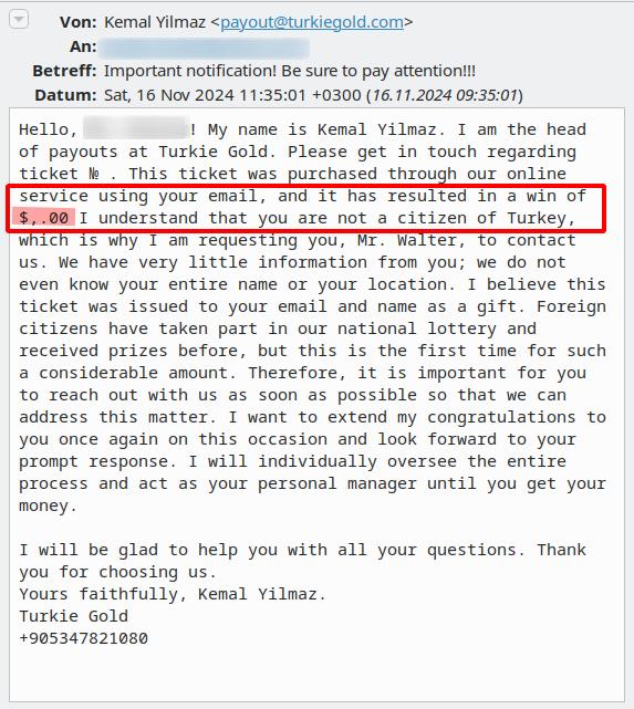 Spam +905347821080 Kemal Yilmaz <payout@turkiegold.com> - Fake-Lotterie Turkiegold